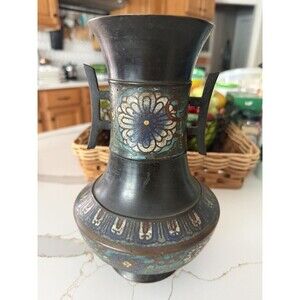 Vintage Cloisonné Bronze Champleve 2 Handle Vase Urn Floral Antique Brown Blue